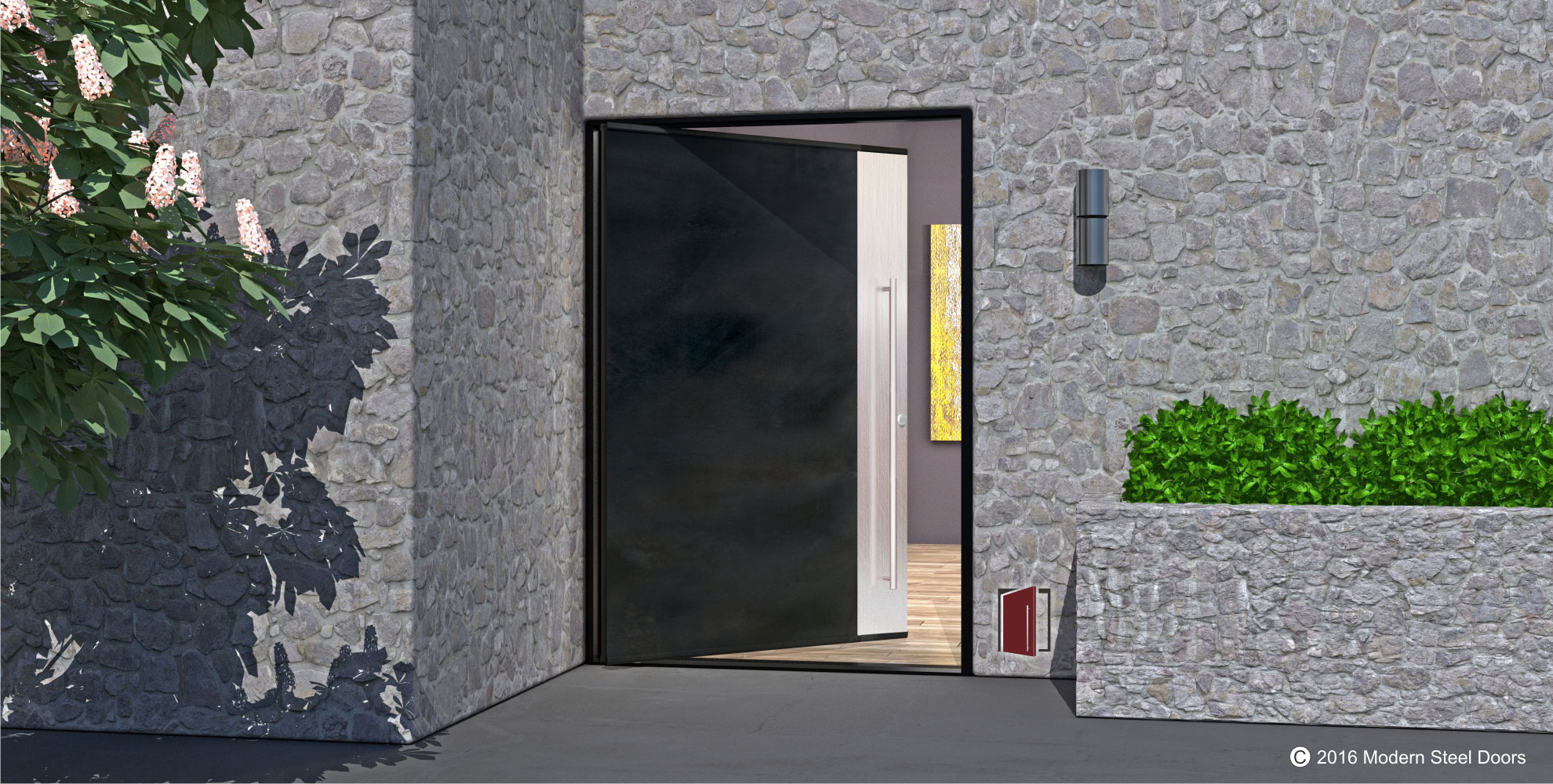2 Vertically Paneled Blackened Stainless Metal Door with Brushed