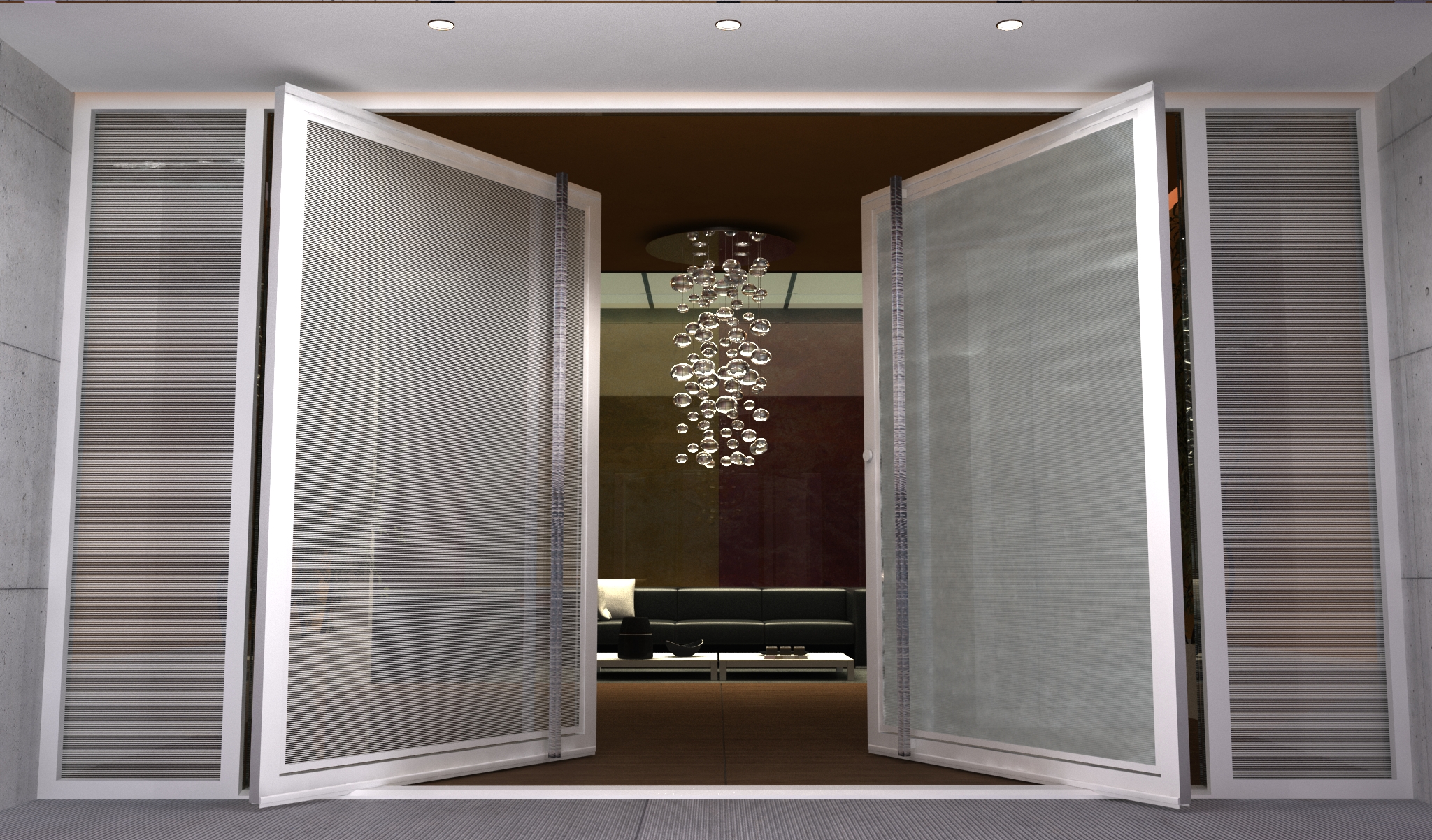 1202 #2F2016 Modern Steel Pivot Door Featuring A Custom Border With A Glass Finish wallpaper Modern Doors With Glass 42052048