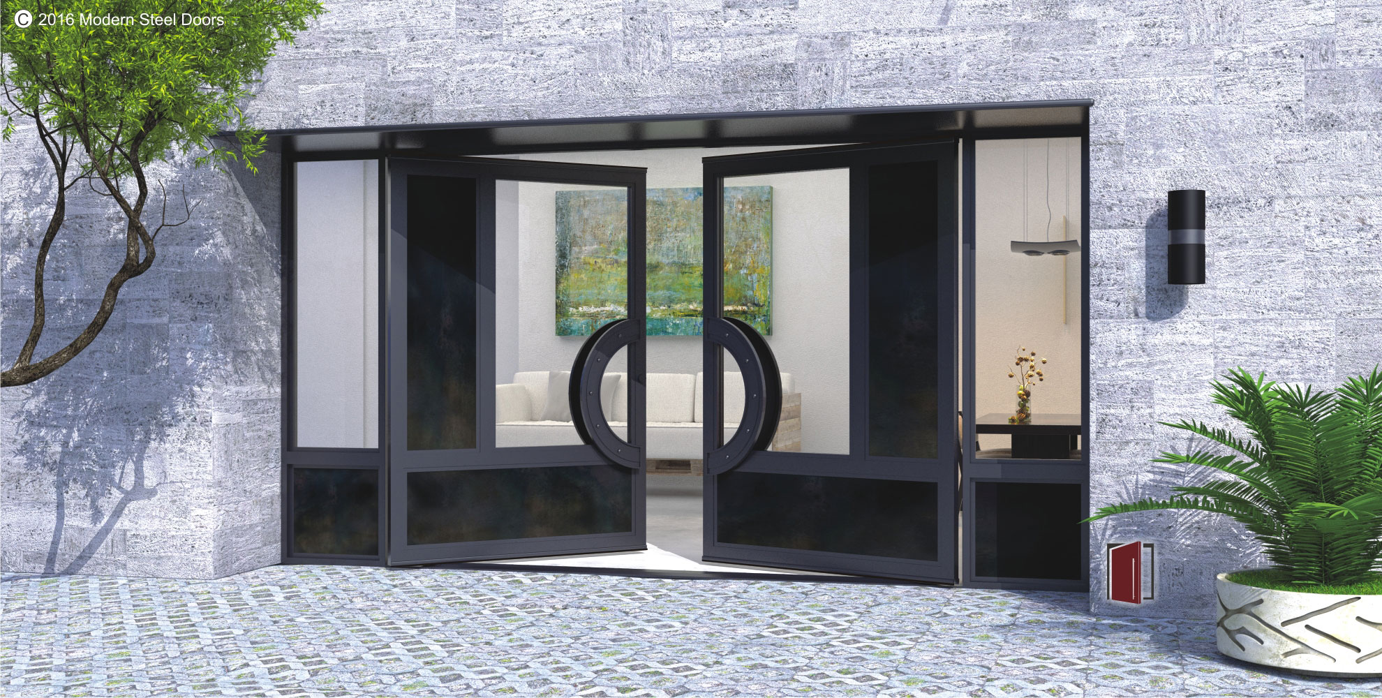 Eclectic Double Door with Riveted Radial Pulls & Sidelites Modern